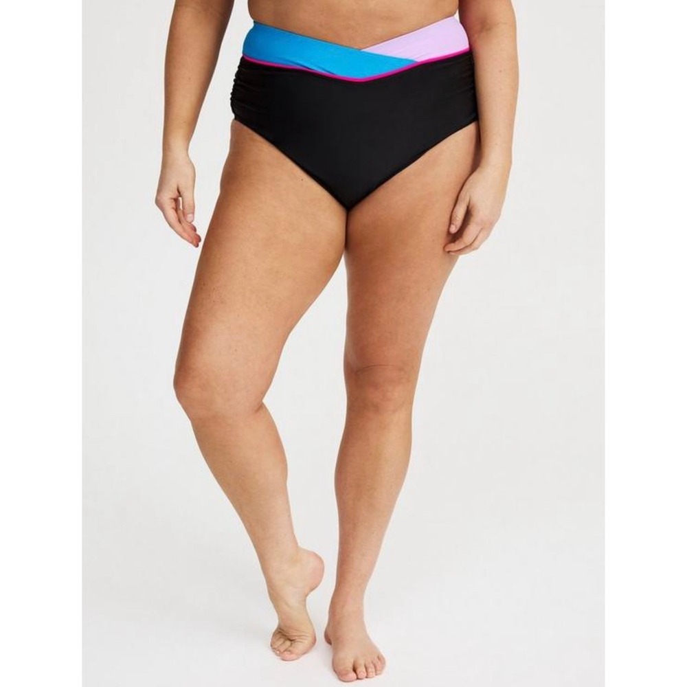 Torrid‎ Sz 3 V-Front Ruched Swim Bottom Black Colorblock High Waist Bikini New